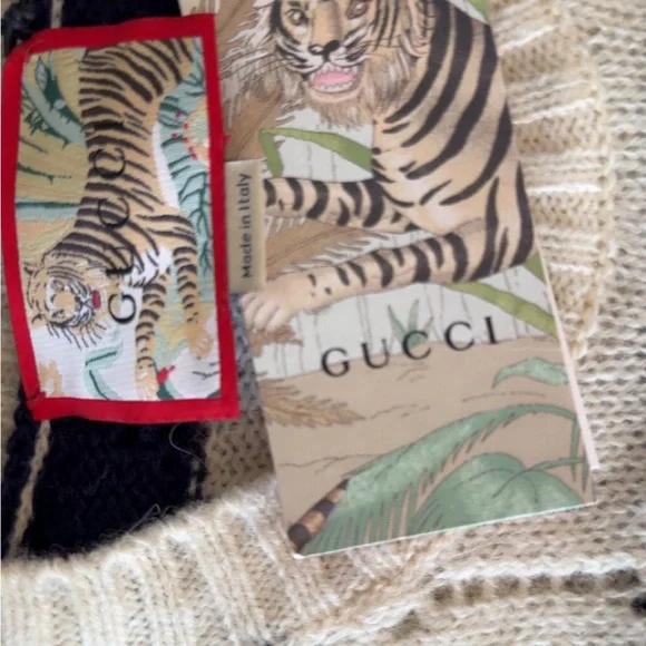 Gucci Blue and Cream Crew Neck Sweater with Floral Accents